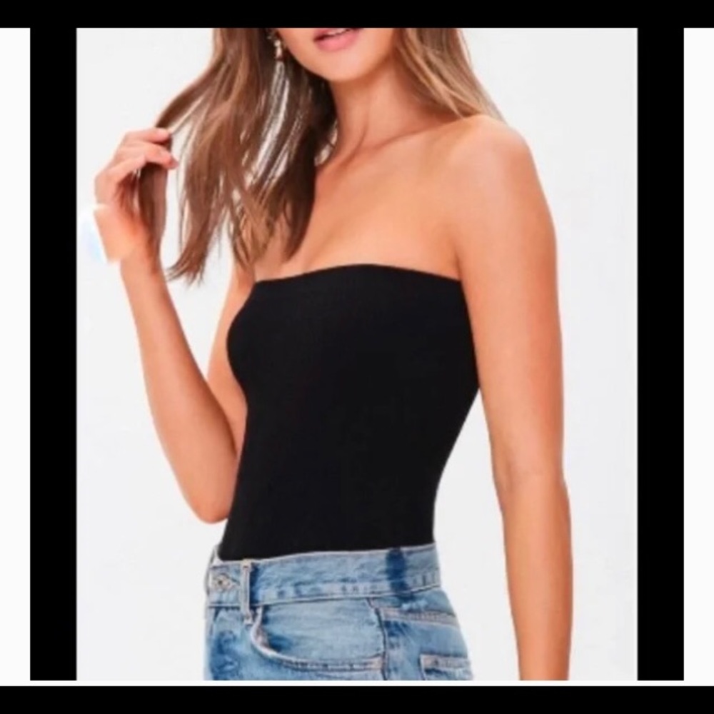Forever 21 Black Ribbed Strapless Bodysuit Gathered Bust Sweetheart Neckline M